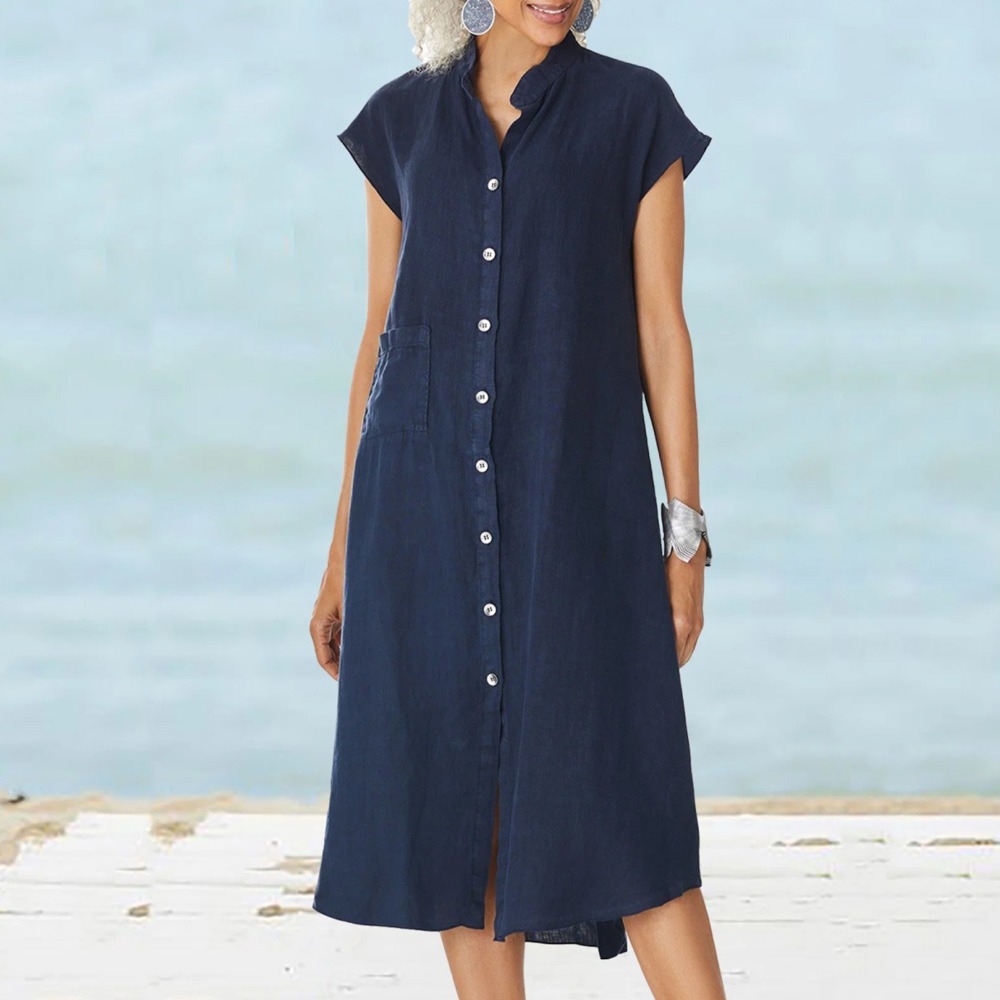 Casual Loose Linen Shirt Dress - Vestido Casual Preto para Mulheres 2026,