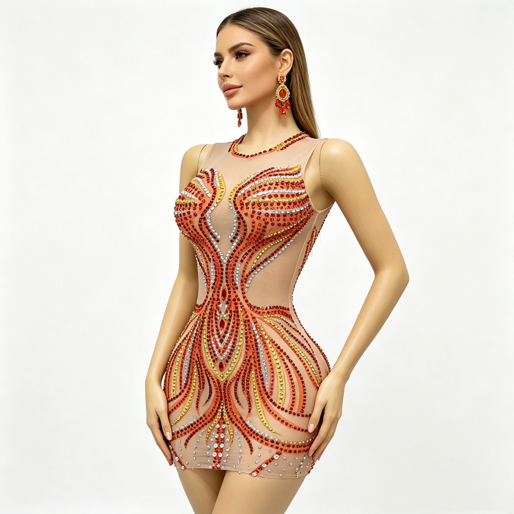 Sparkly Rhinestone Club Party Dress - Vestido Mini Transparente com Strass Brilhantes