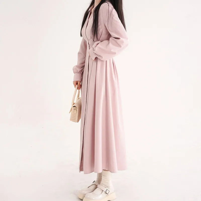 Korean Style A Line Shirt Dress - Vestido Midi Feminino Estilo Coreano com