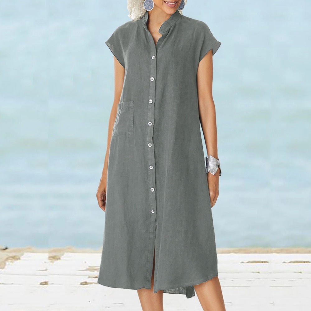 Vestido Casual Preto para Mulh - Casual Loose Linen Shirt Dress avaliação e preço