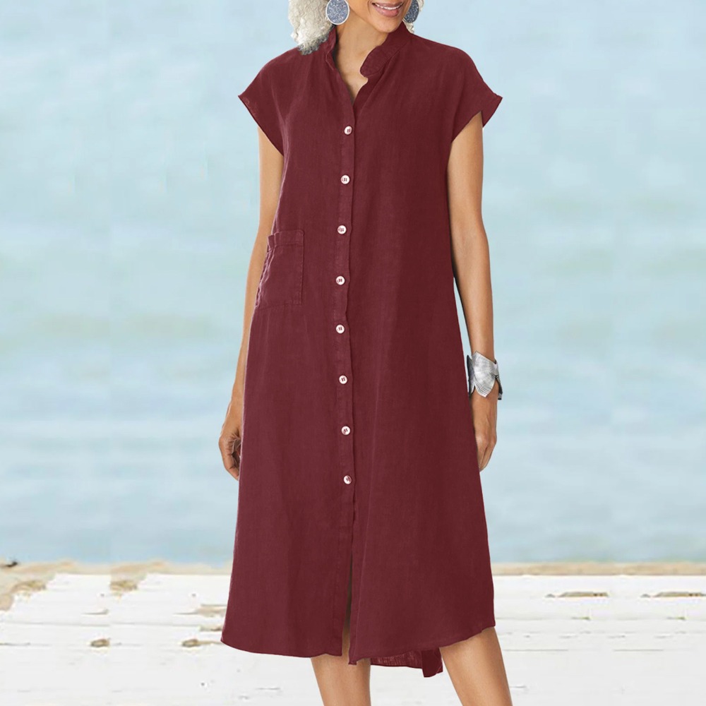 Vestido Casual Preto para Mulh - Casual Loose Linen Shirt Dress avaliação e preço