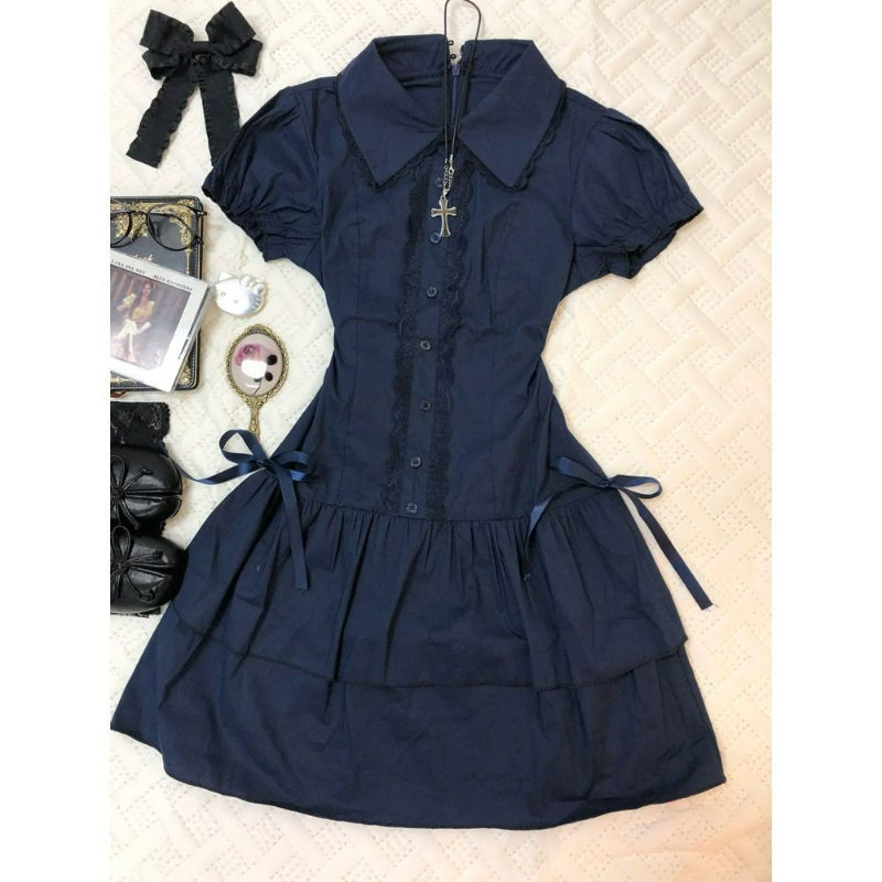 Japonês estilo preppy lolita v - Korean Style A Line Shirt Dress avaliação e preço